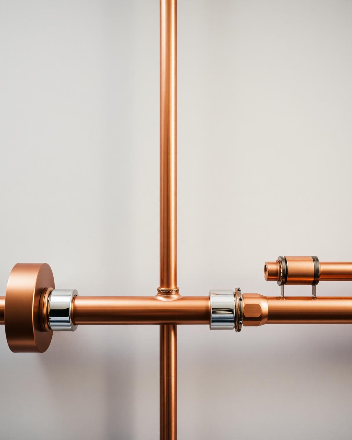 Nyinstallerade kopparrör mot en ljus vägg