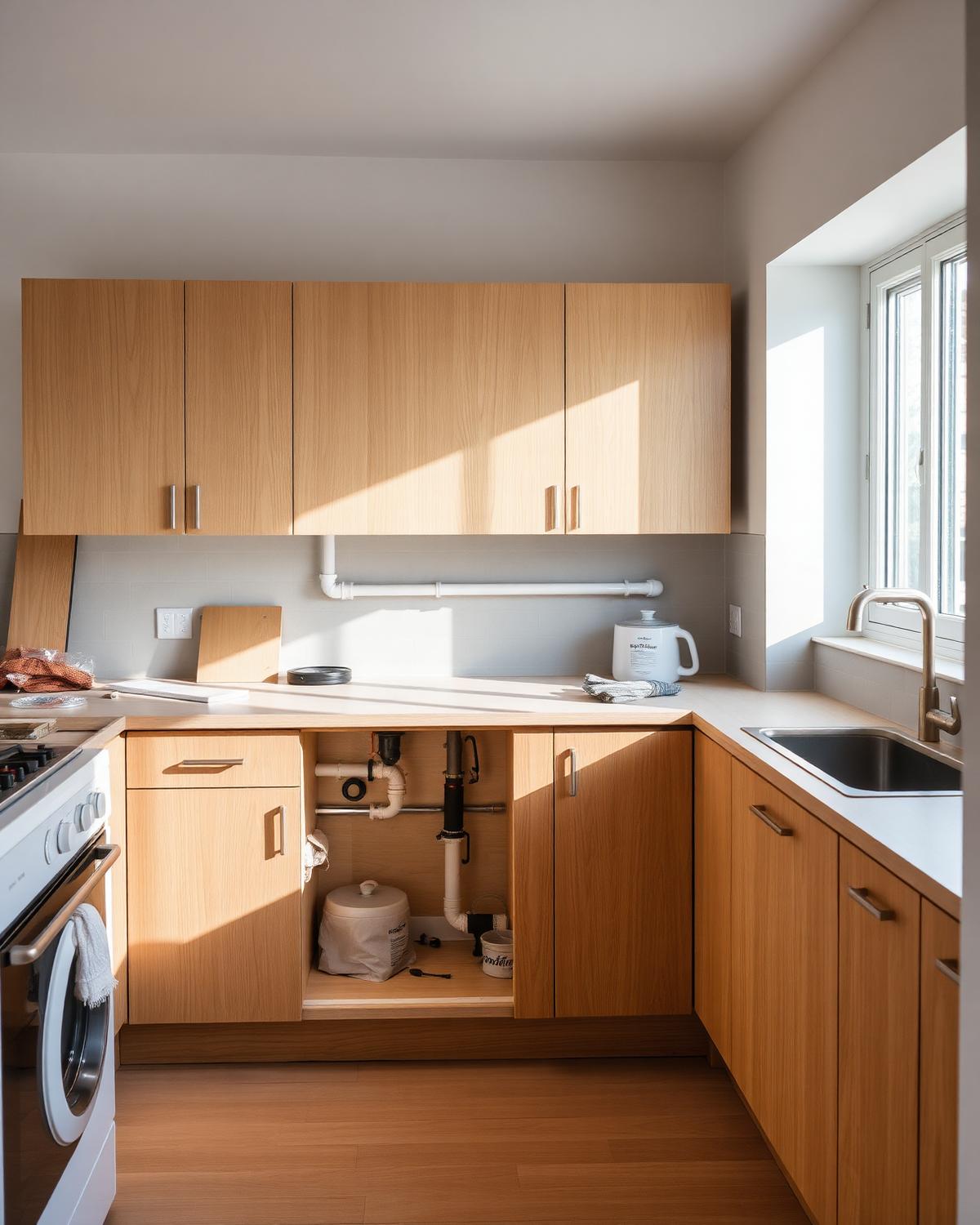 Kök under renovering med framdragna vattenrör