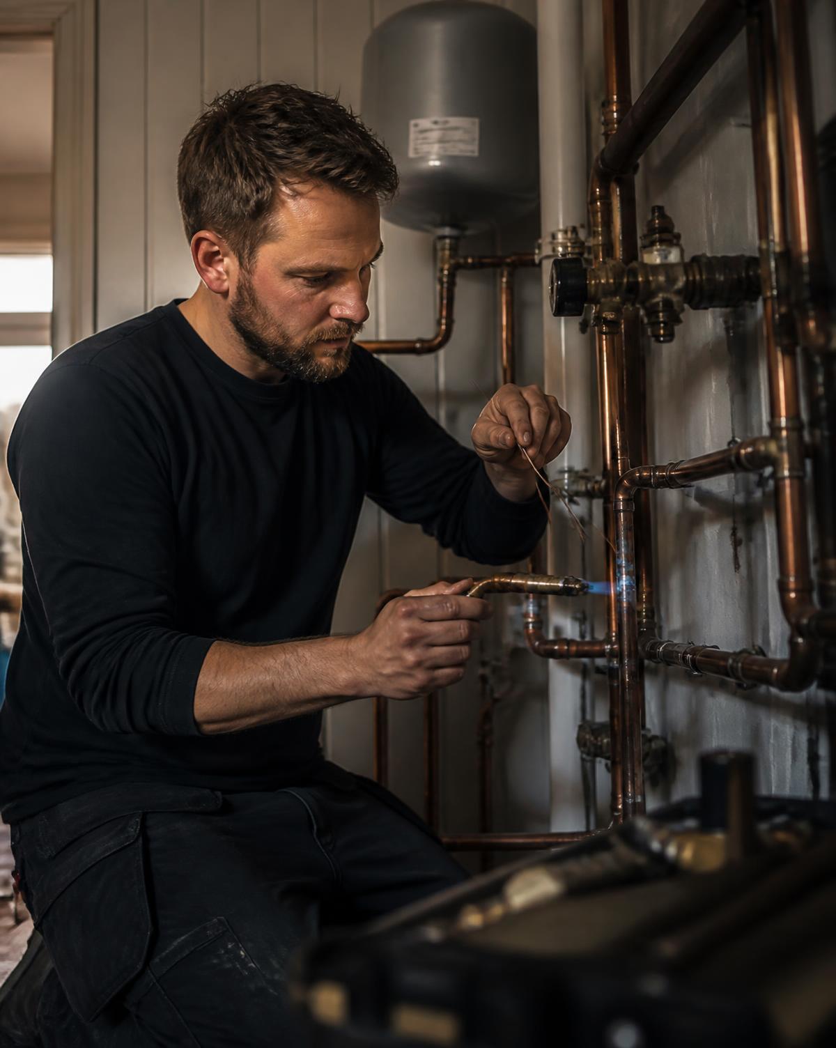 Rörmokare som lödder kopparrör i ett teknikrum